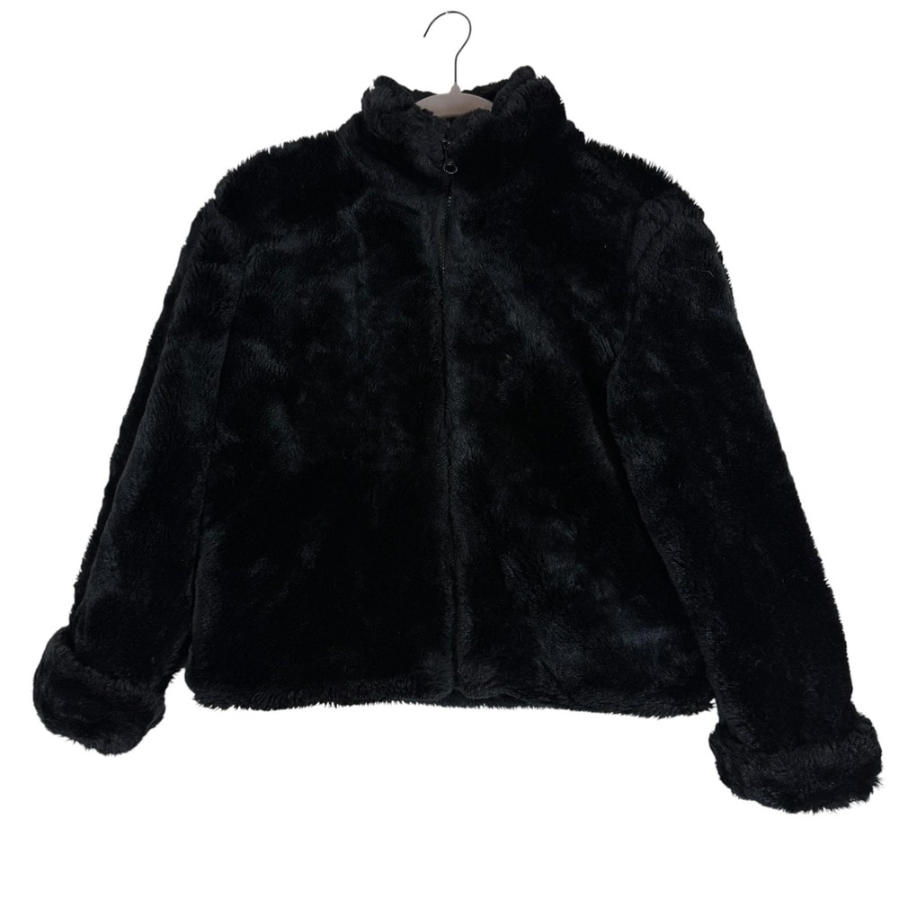 Gap Jacket Kids XL 12 Black Faux Fur Fleece Full Zip Stand Collar Winter Warm